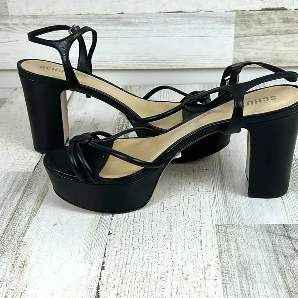 SCHUTZ Womens 11 Kelsie Black Leather Platform Strappy Block Heel Sandals NEW